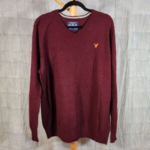American Eagle $60 XLT Red Burgundy 100% Cotton V-neck Knit Sweater